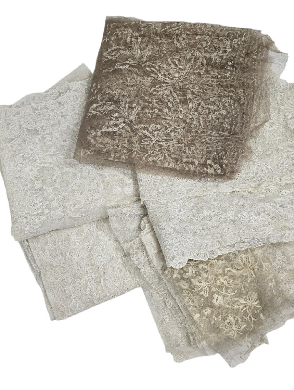 Antique Edwardian Embroidered Net Lace Panels Lot Bridal Couture Textile